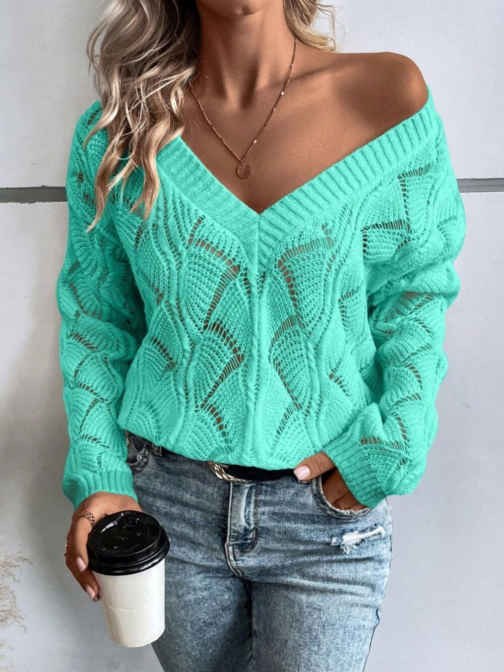 Baby Blue Casual Women's V Neck Hollow Out Drop Shoulder Loose Pullover Sweater